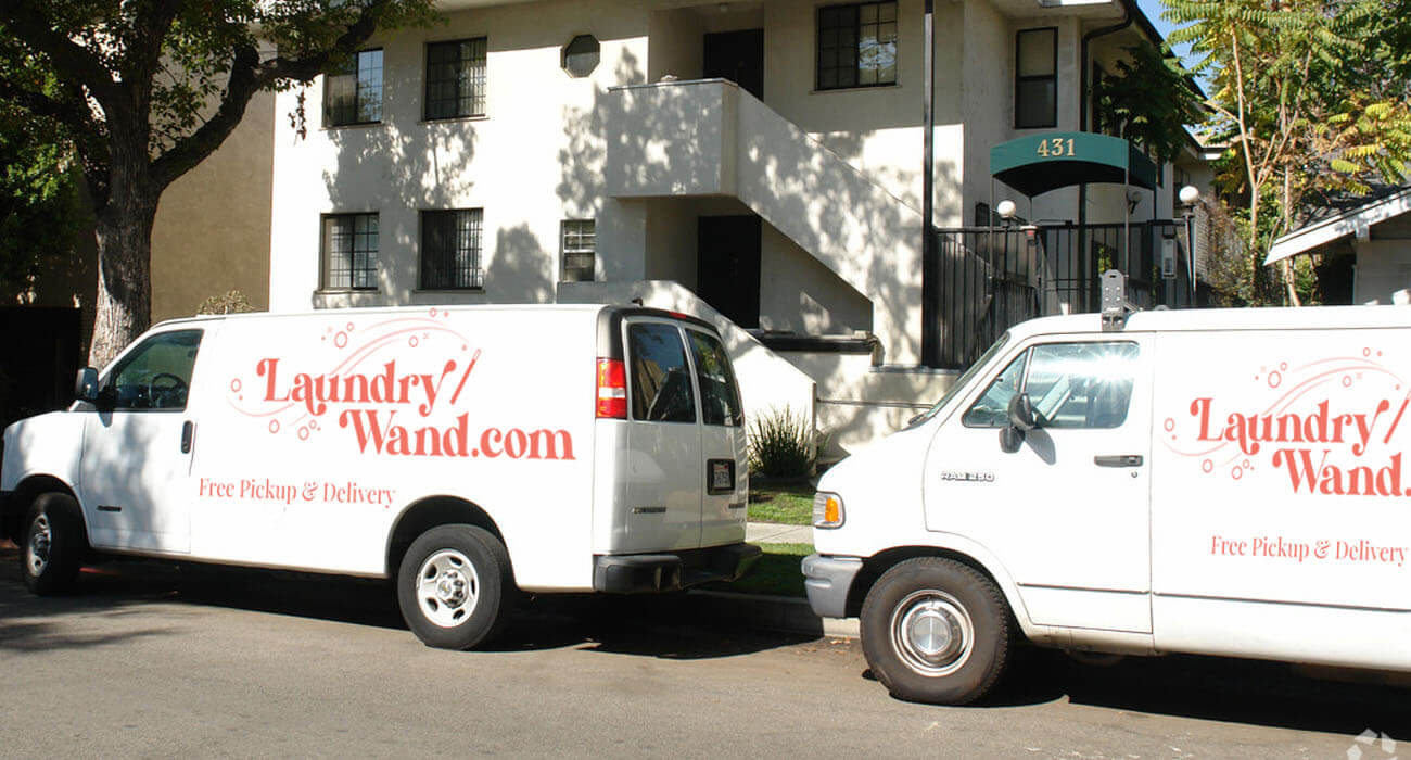 Laundry Wand delivery van parked outside LA residence